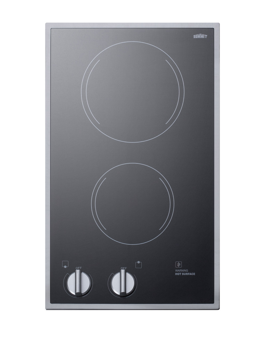 220/240V 2-burner radiant cooktop with smooth black ceramic glass surface, indicator lights, and stainless steel trim
